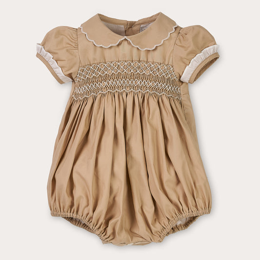 Hand Smocked Talia romper coffee cream