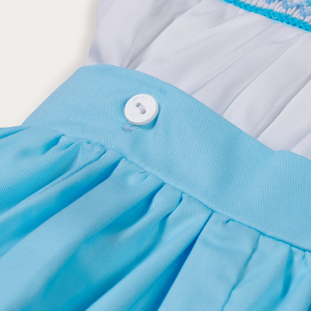 Sky blue cotton satin hand smocked bubble set