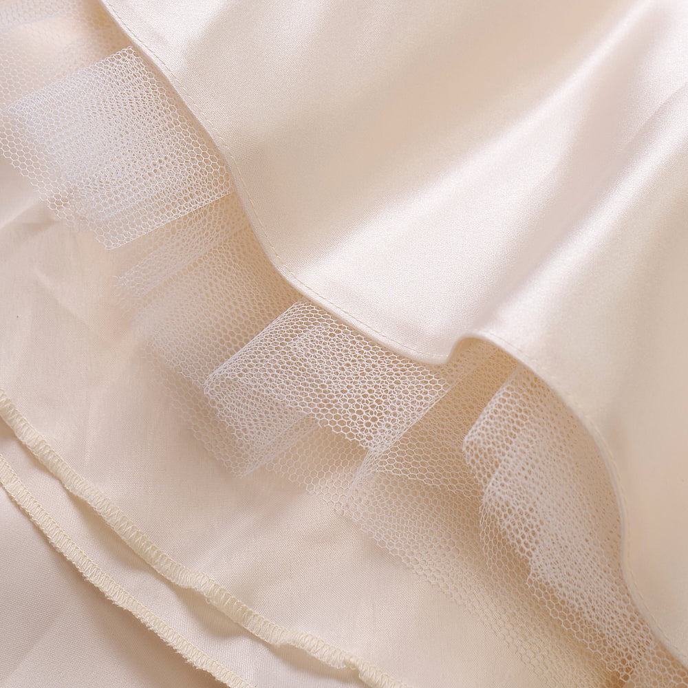 Champagne satin puff sleeved occasion dress