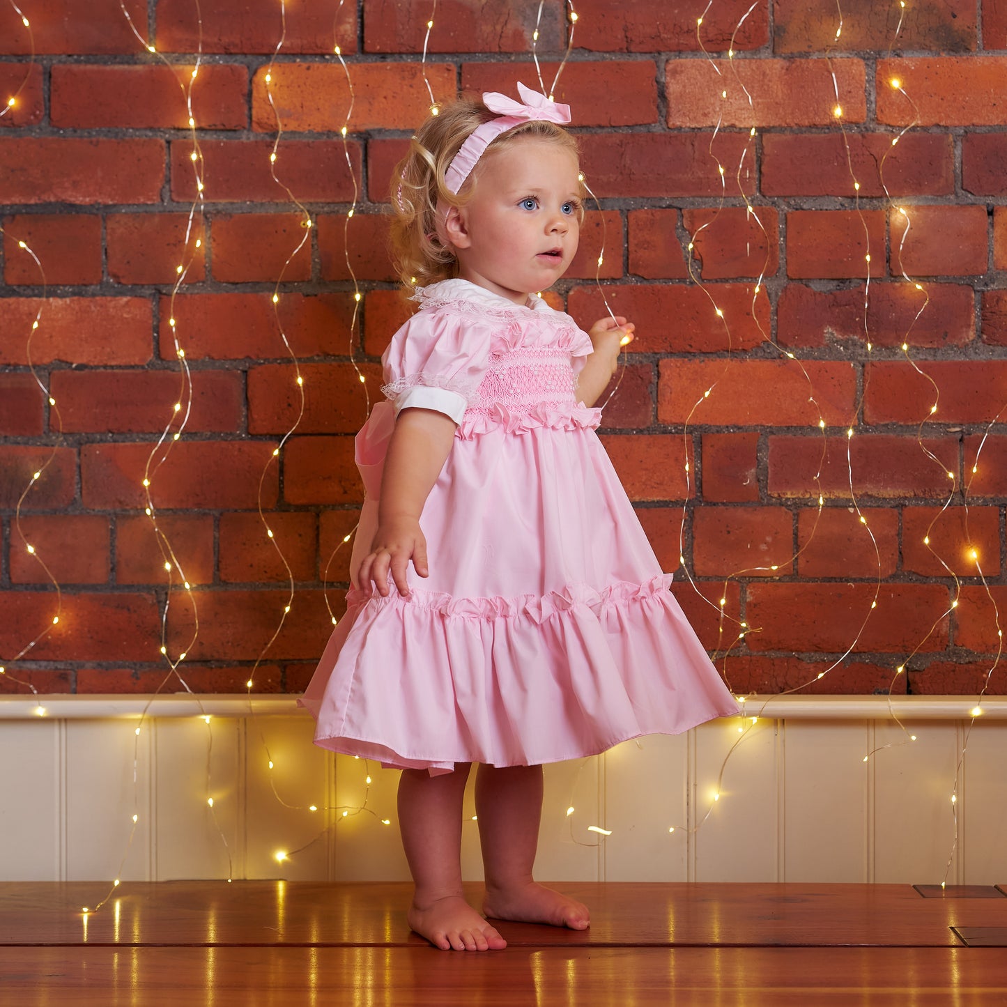 Hand Smocked Ellis Dress Baby Pink With Matching Pant And Bow Headband