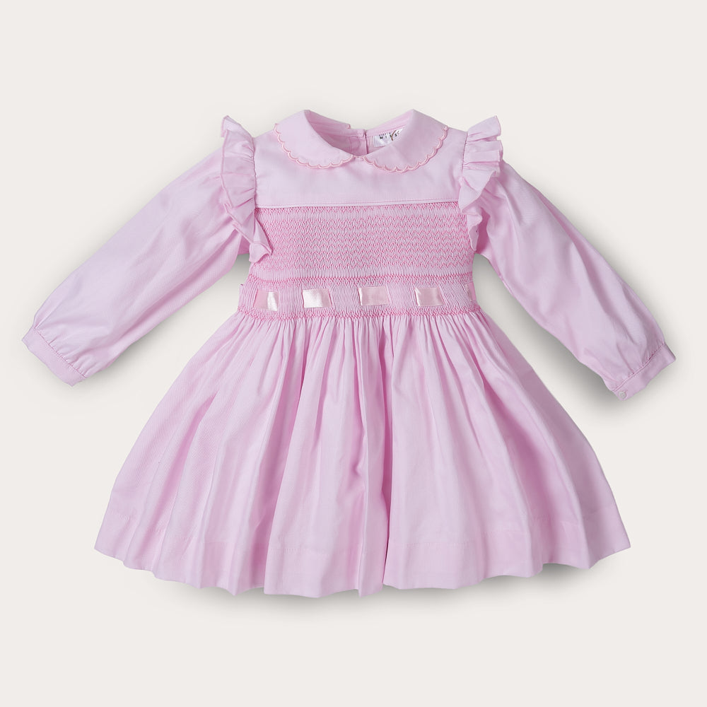 Hand smocked pink Fifi dress with pant and bows