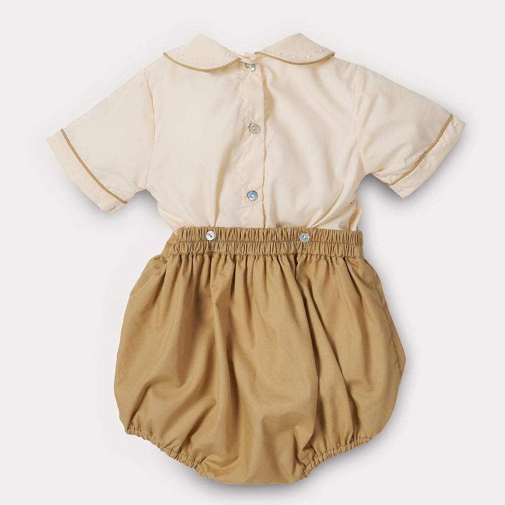 Boy's Hand Smocked butter cream and toffee bubble set