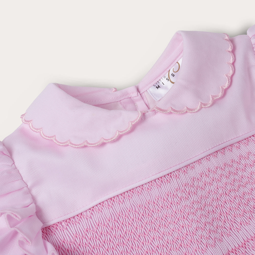 Hand smocked pink Fifi dress with pant and bows