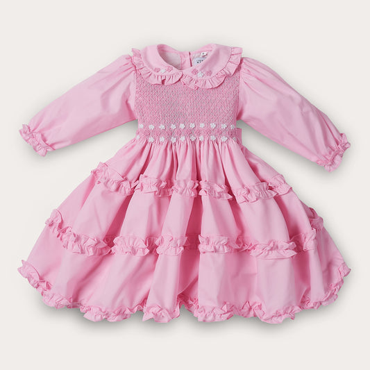 Hand smocked pink Rose dress with headband and pant