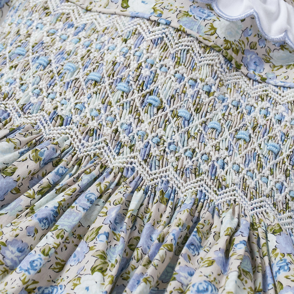 Hand smocked blue Flora dress with head band
