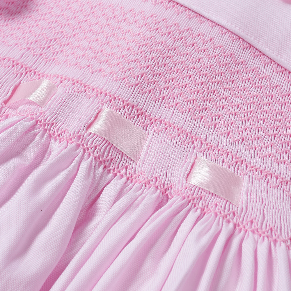 Hand smocked pink Fifi dress with pant and bows
