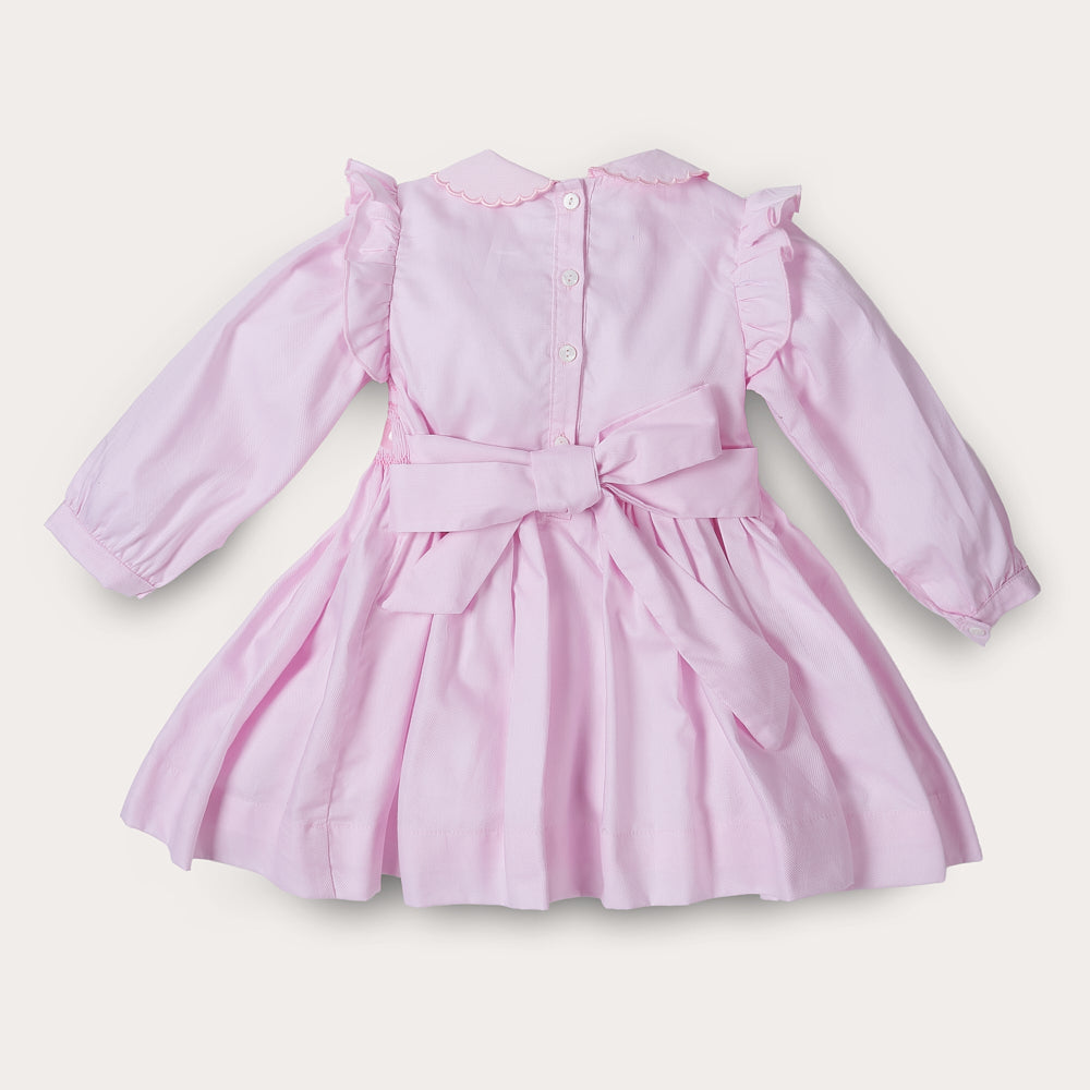 Hand smocked pink Fifi dress with pant and bows