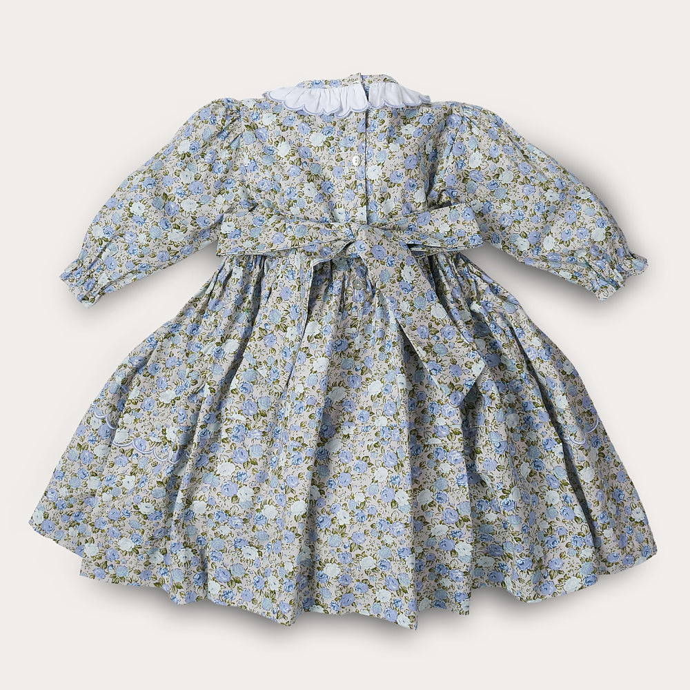Hand smocked blue Flora dress with head band