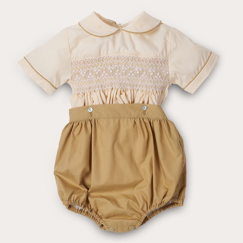 Boy's Hand Smocked butter cream and toffee bubble set