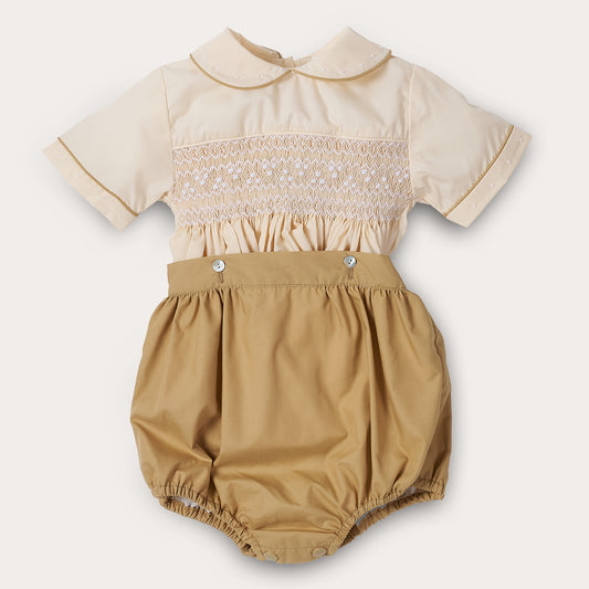 Boy's Hand Smocked butter cream and toffee bubble set