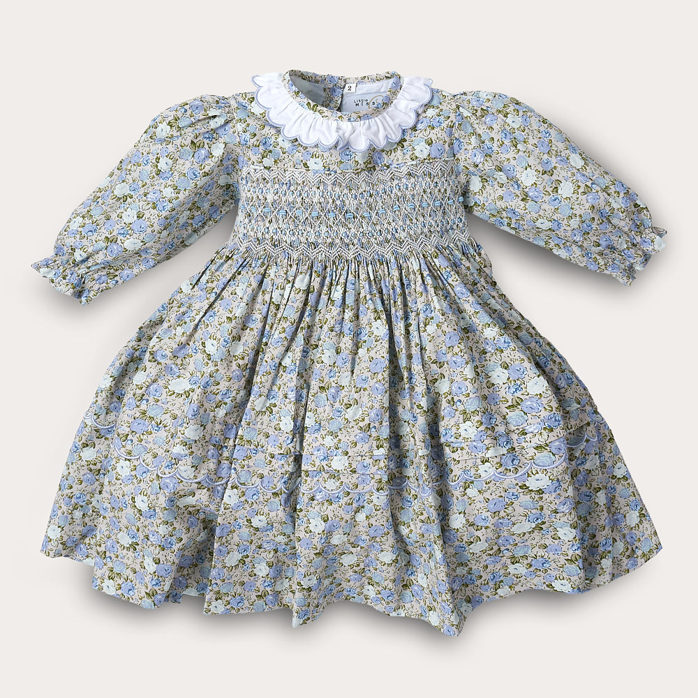 Hand smocked blue Flora dress with head band