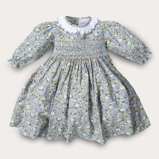 Hand smocked blue Flora dress with head band