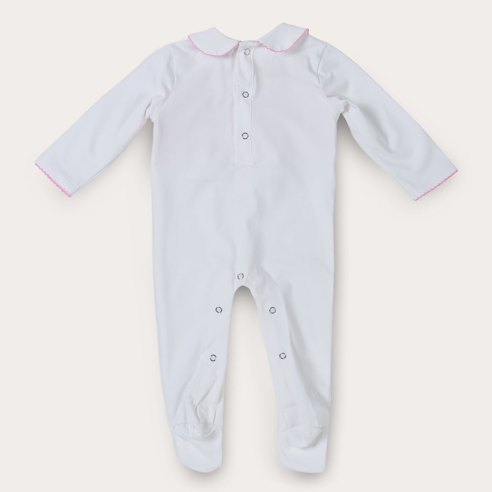 Hand Smocked White Baby Grow With Pink Hand Smocking