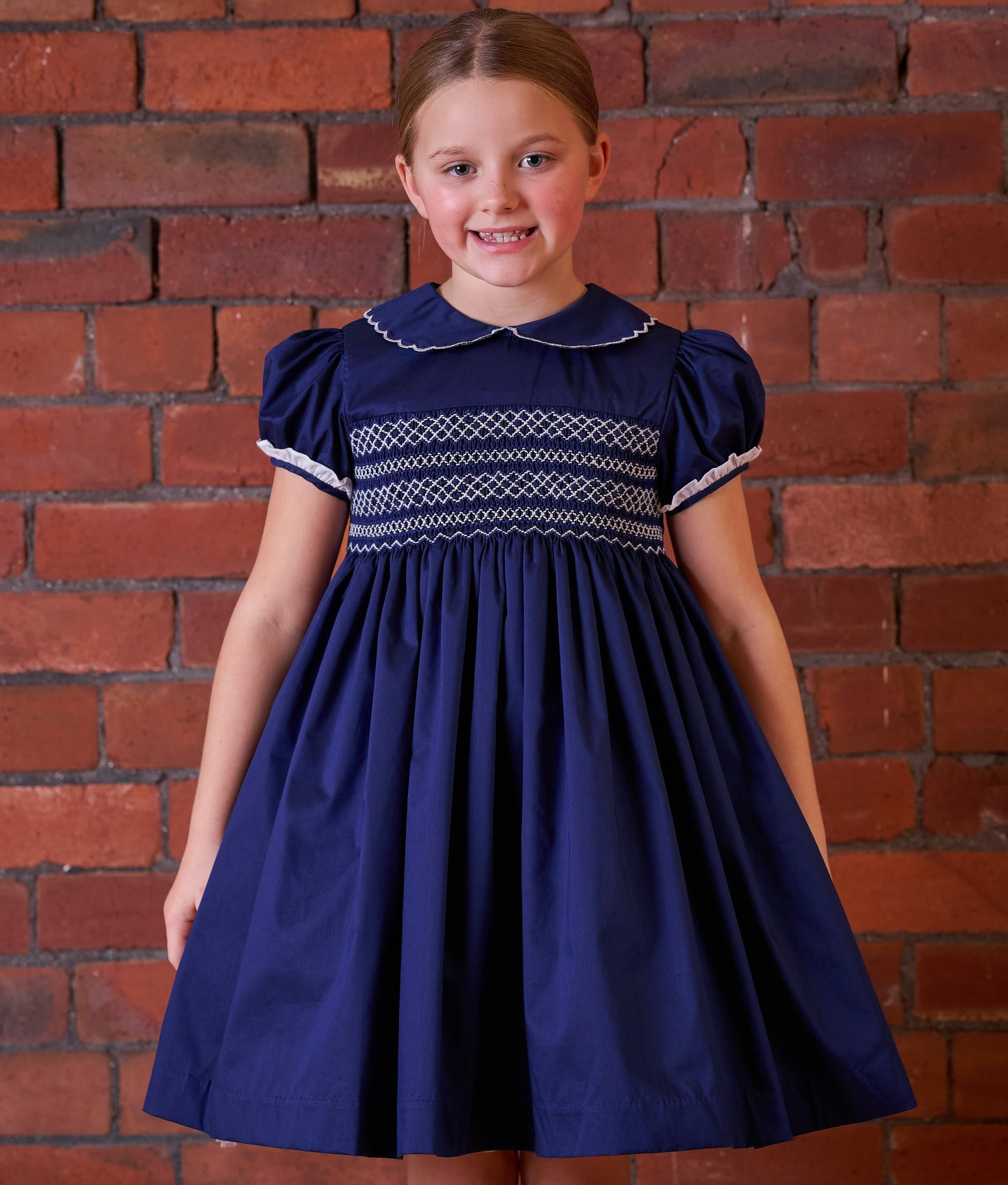 Hand smocked Talia dress Navy Blue