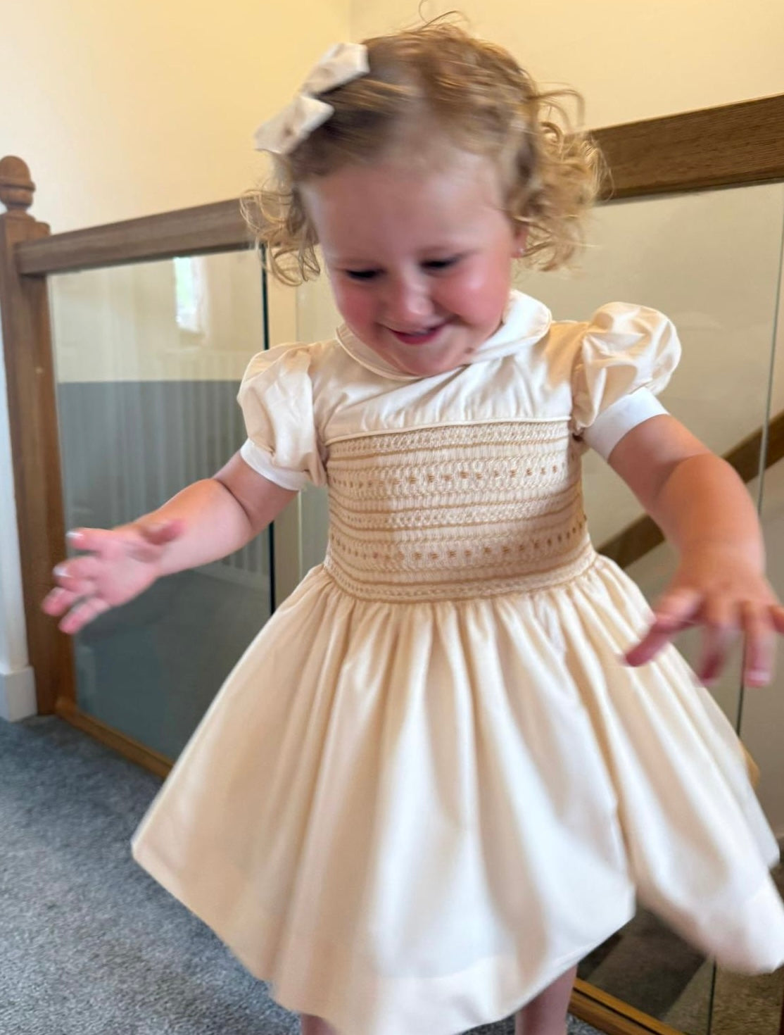 Hand smocked AGNES dress with pant and bow ONE LEFT!