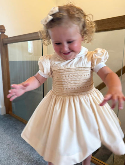 Hand smocked AGNES dress with pant and bow ONE LEFT!
