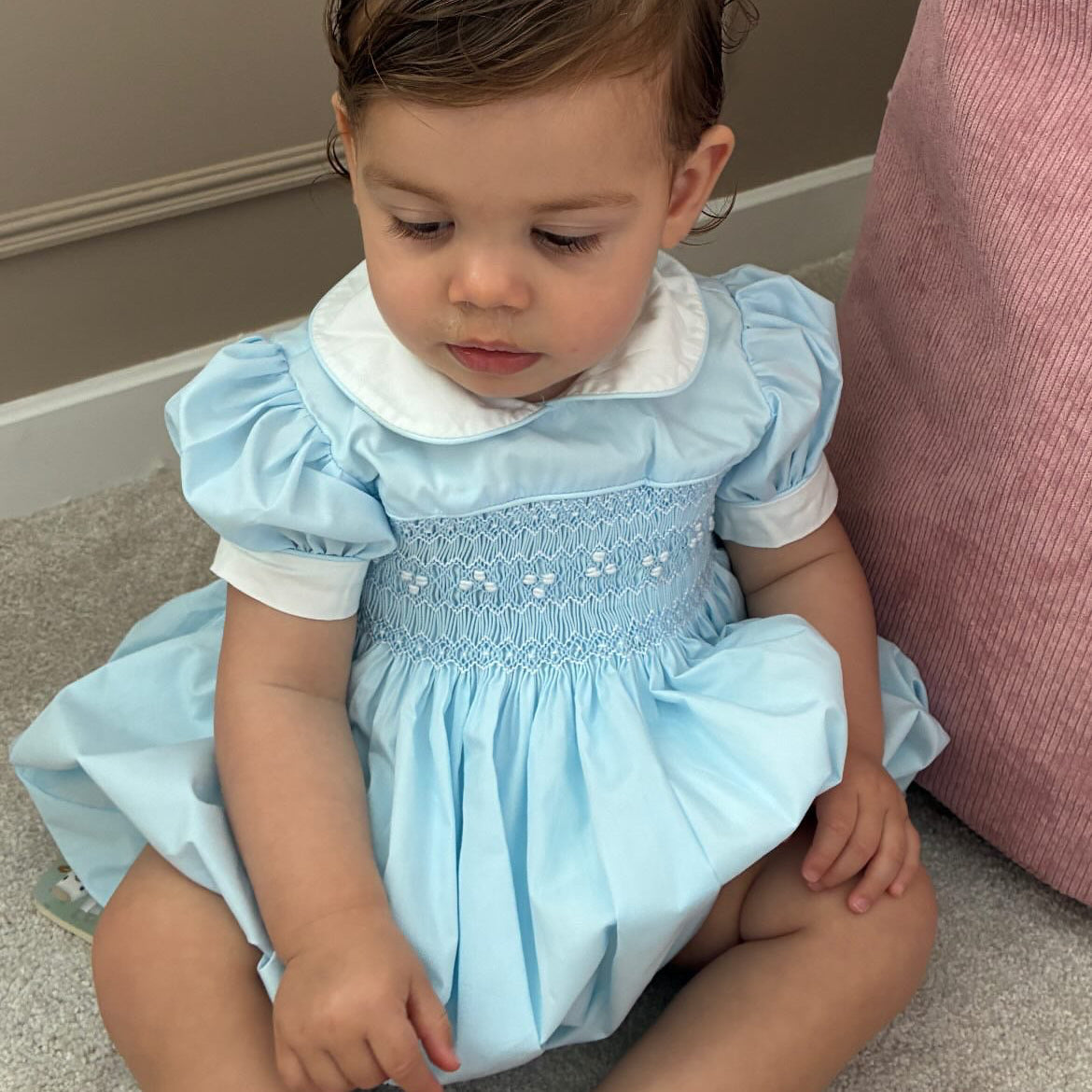 Hand Smocked Ellis romper soft blue