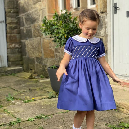 Hand smocked CLAIRE dress navy blue