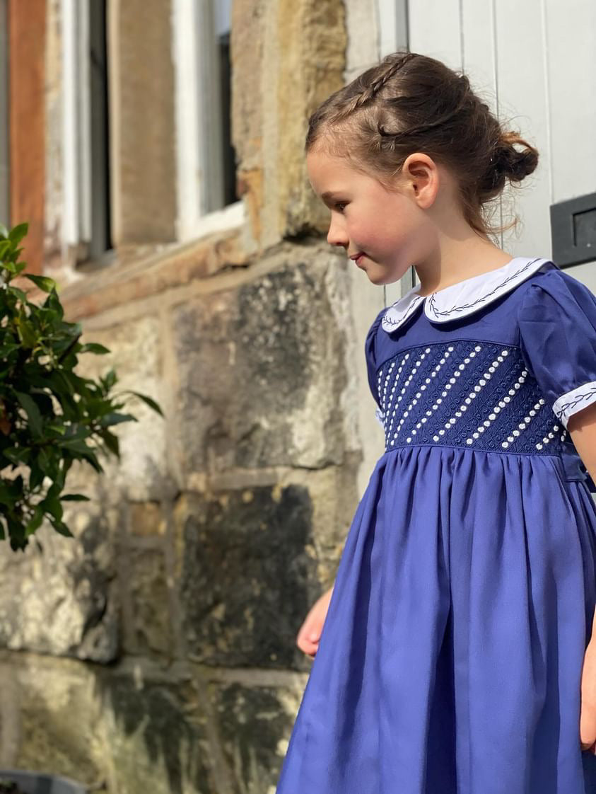 Hand smocked CLAIRE dress navy blue