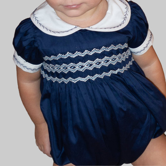 Navy Blue Hand Smocked REGAL Romper