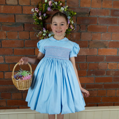 Hand smocked MILLIE dress soft azure blue