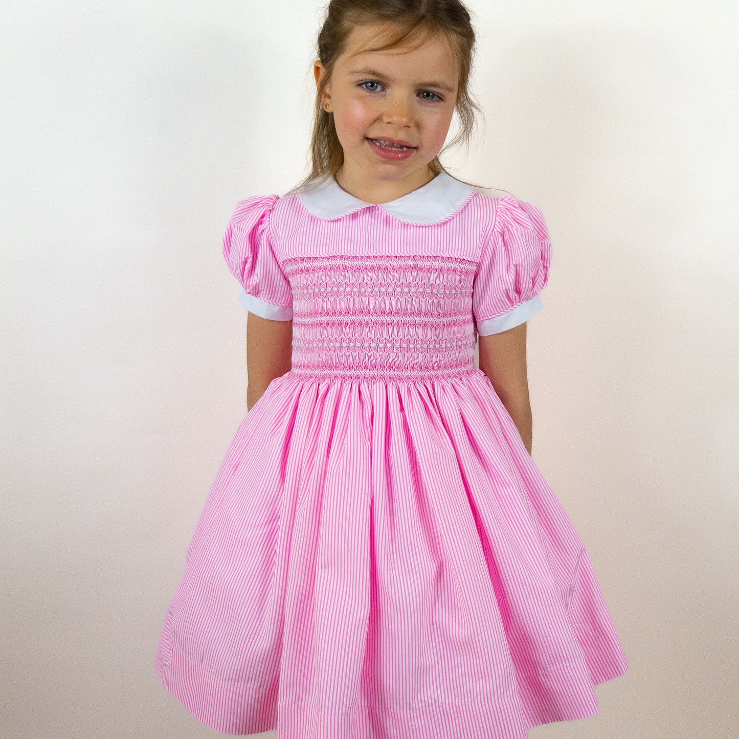 Hand smocked BETTY dress pink stripe