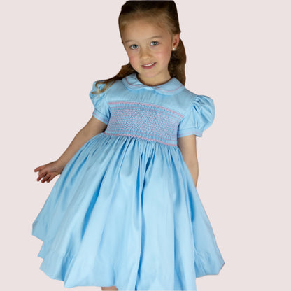 Hand smocked MILLIE dress soft azure blue