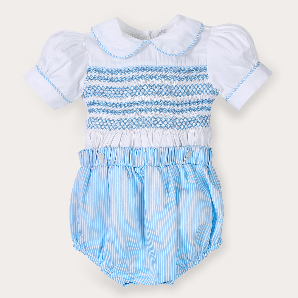 Blue striped hand smocked bubble set