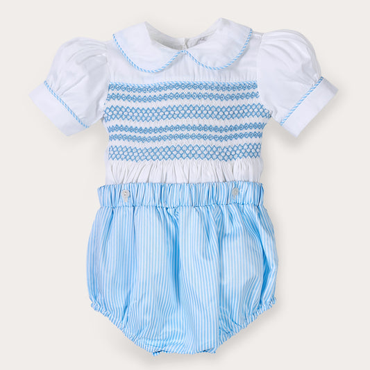 Blue striped hand smocked bubble set