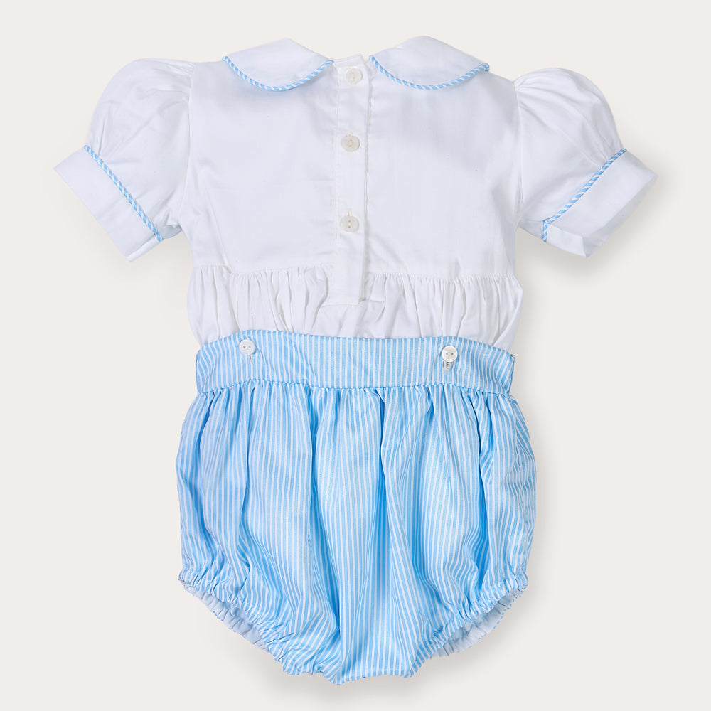 Blue striped hand smocked bubble set