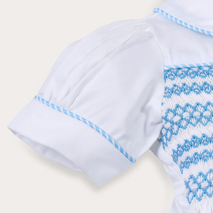 Blue striped hand smocked bubble set