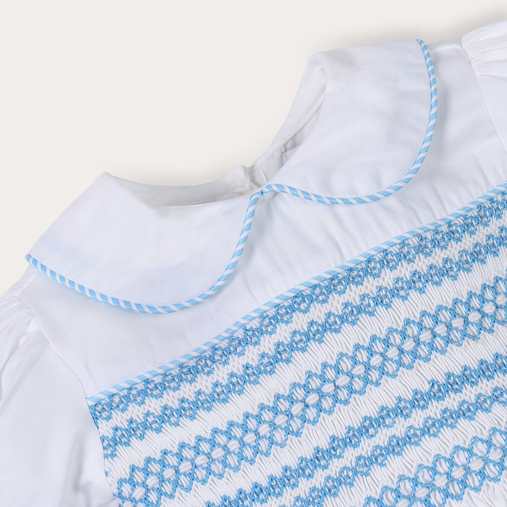 Blue striped hand smocked bubble set
