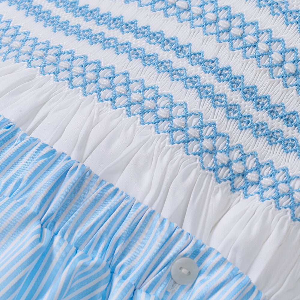Blue striped hand smocked bubble set