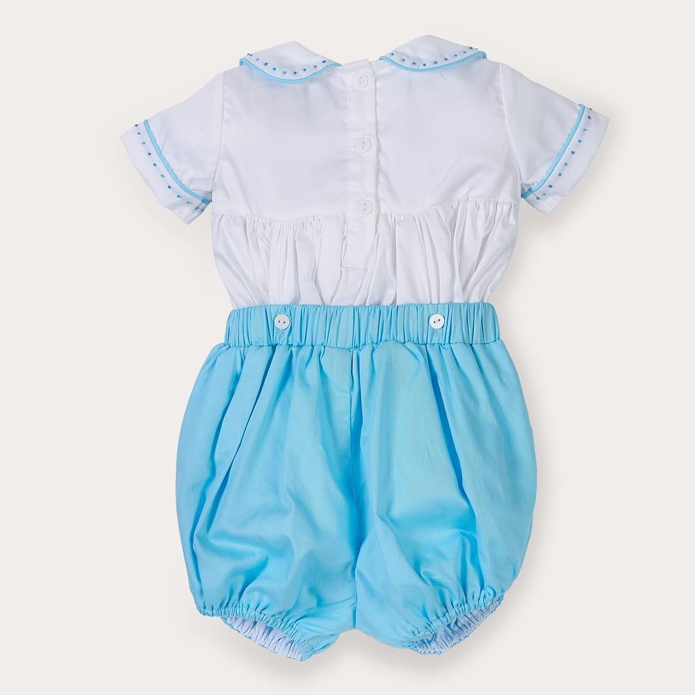 Sky blue satin hand smocked bubble set