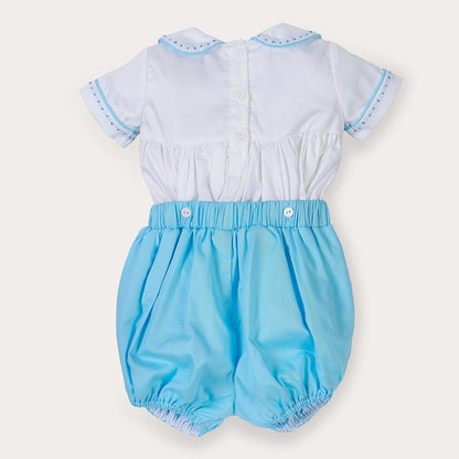 Sky blue satin hand smocked bubble set