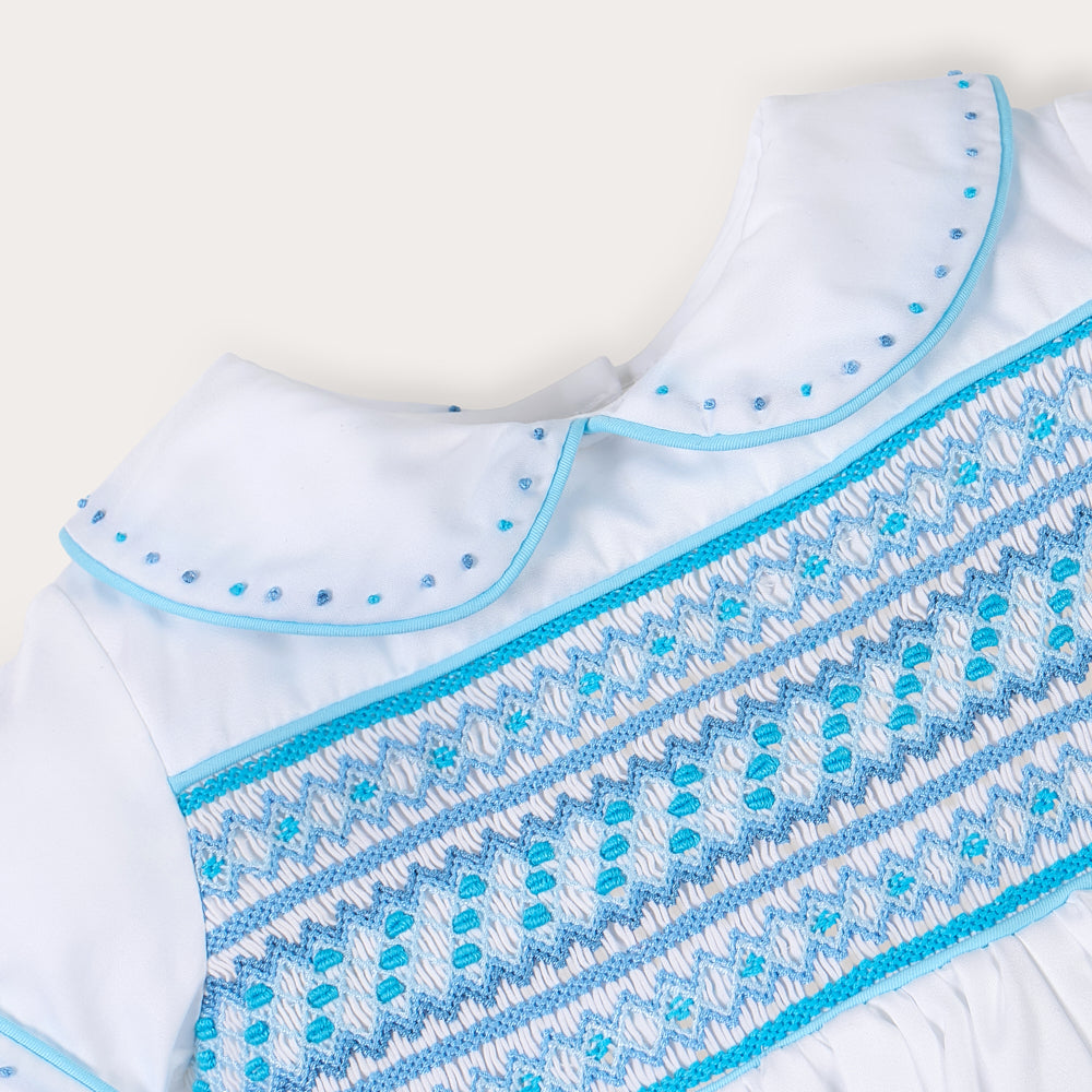 Sky blue satin hand smocked bubble set