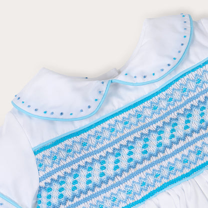 Sky blue satin hand smocked bubble set
