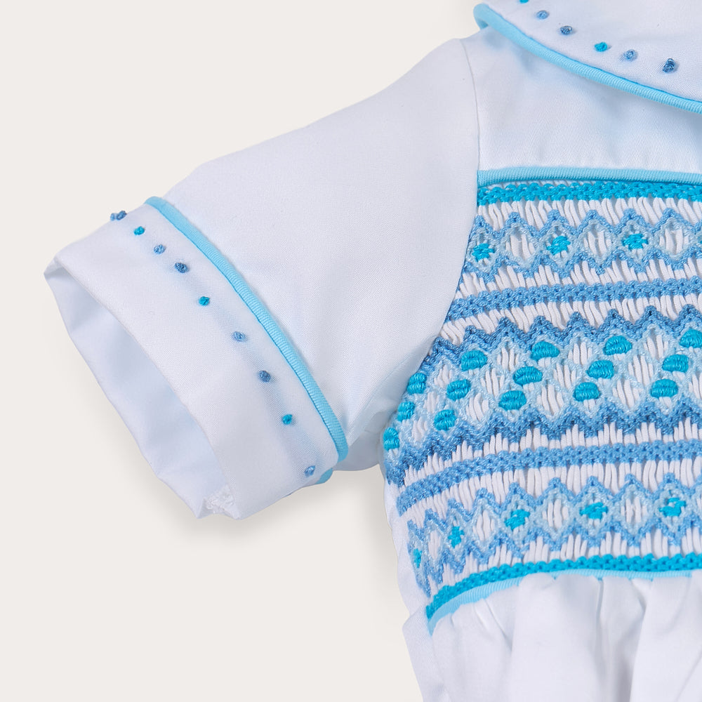 Sky blue satin hand smocked bubble set