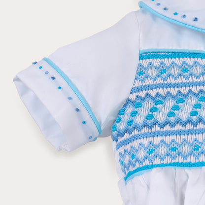 Sky blue satin hand smocked bubble set