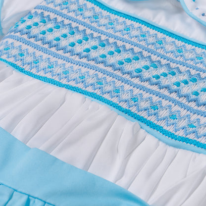 Sky blue satin hand smocked bubble set