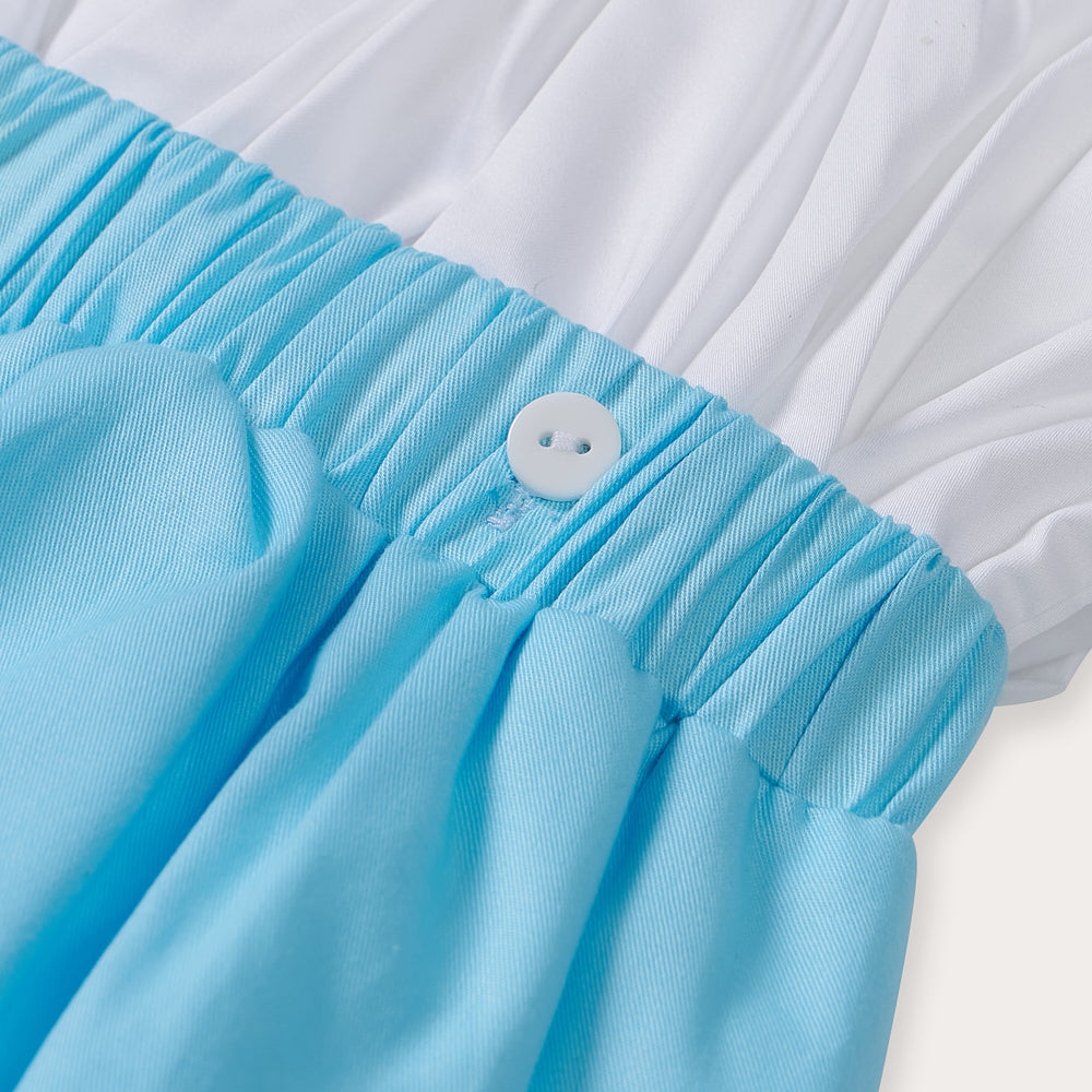 Sky blue satin hand smocked bubble set