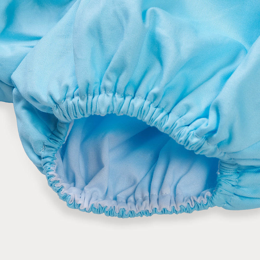 Sky blue satin hand smocked bubble set