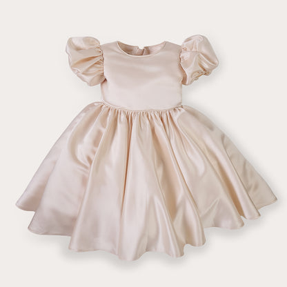 Champagne satin puff sleeved occasion dress