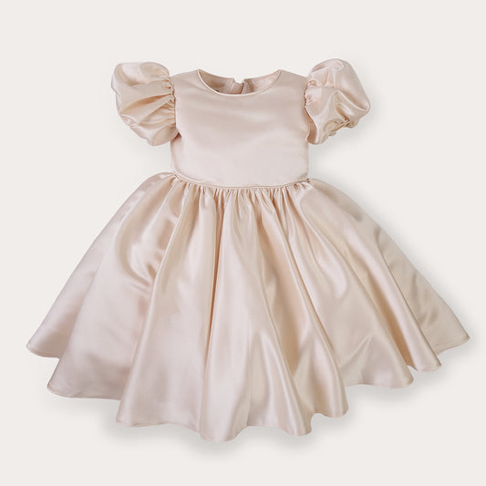 Champagne satin puff sleeved occasion dress