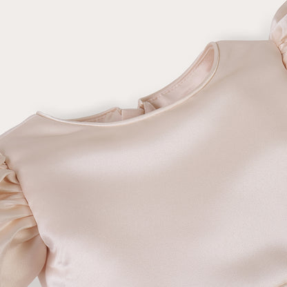 Champagne satin puff sleeved occasion dress