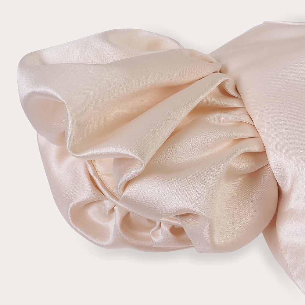 Champagne satin puff sleeved occasion dress