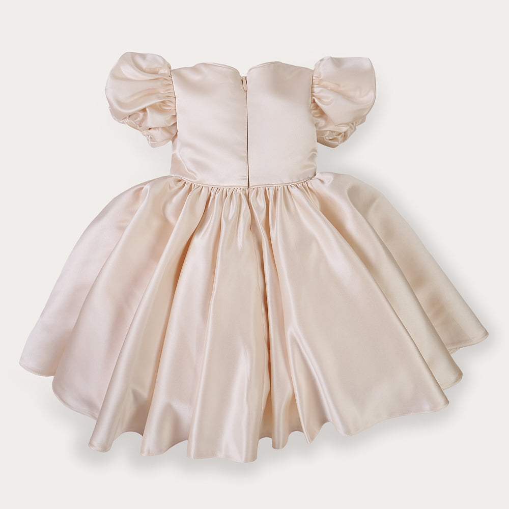 Champagne satin puff sleeved occasion dress
