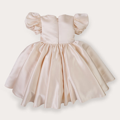 Champagne satin puff sleeved occasion dress