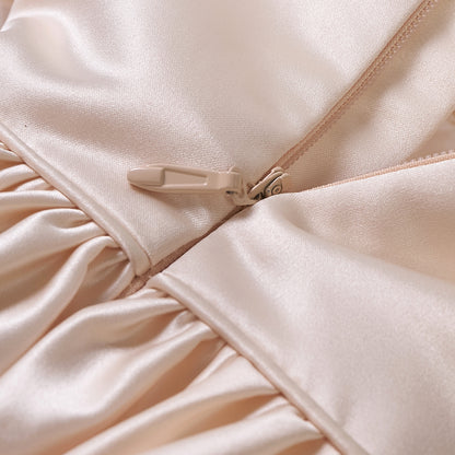 Champagne satin puff sleeved occasion dress