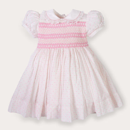 Hand smocked LINDY dress pink Swiss dot